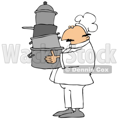 Culinary Clipart Illustration of a Male Chef In A White Hat And Uniform, Carrying A Large Stack Of Pots Through A Kitchen © djart #24640
