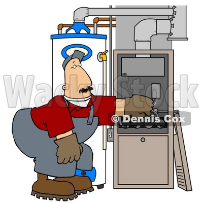Clipart Illustration of a Worker Man Bending Over And Repairing Wires In An Hvac System © djart #24644