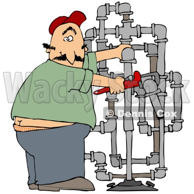Clipart Illustration of a Surprised Male Plumber Turning With A Shocked Expression, Caught With His But Crack Showing While Fitting Pipes © djart #24646