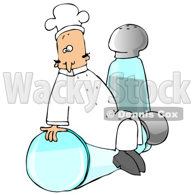 Clipart Illustration of a Male Caucasian Chef In A White Hat And Uniform, Sitting On Top Of A Tipped Salt Shaker In Front Of A Pepper Shaker © djart #24706