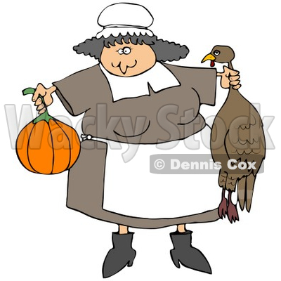 Clipart Illustration of a Friendly Chubby Pilgrim Woman In An Apron, Holding A Pumpkin And Dead Turkey, Preparing A Feast For Thanksgiving © djart #24709