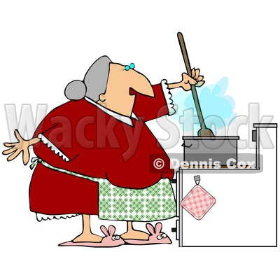 Clipart Illustration of a Senior Granny Wearing A Green Apron Over A Red Dress, Stirring Food In A Pot While Cooking Dinner © djart #24988