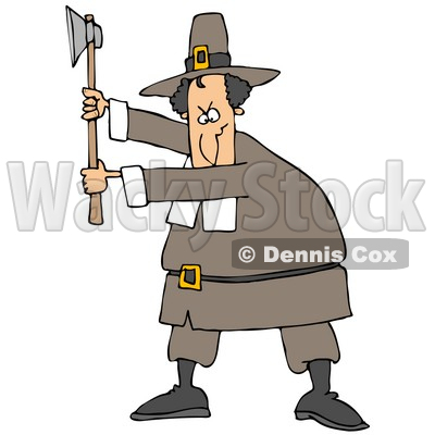 Clipart Illustration of a Male Pilgrim In A Brown Hat And Clothes, Holding Up An Axe And Preparing To Kill Something For Thanksgiving Dinner © djart #24994