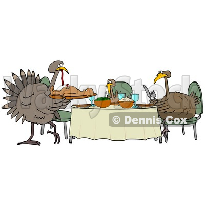 Clipart Illustration of a Turkey Bird Family Dining On A Man At A Table On Thanksgiving © djart #24997
