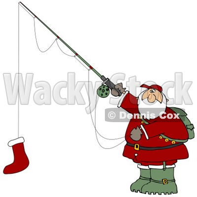 Clipart Illustration of Santa Holding A Red Christmas Stocking On A Fishing 