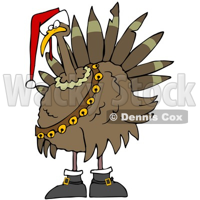 Clipart Illustration of a Festive Turkey Bird In A Santa Hat, Boots And Jingle Bells © djart #25833