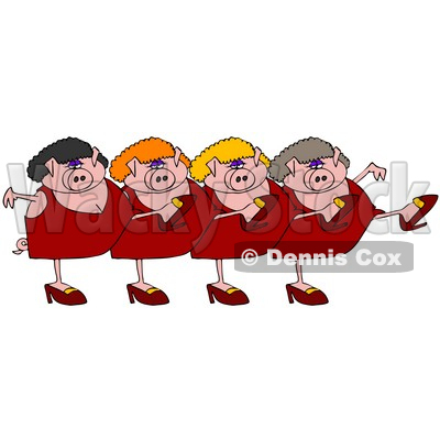 Clipart Illustration of Four Pink Lady Pigs In Dresses, Heels And Wigs, 