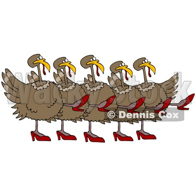 Clipart Illustration of Five Brown Turkey Birds In High Heels, Kicking Their Legs Up While Dancing In A Chorus Line © djart #26332