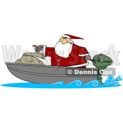 Clipart Illustration of Santa Pointing Forward While Transporting His Toy Sack In A Motor Boat © djart #26592