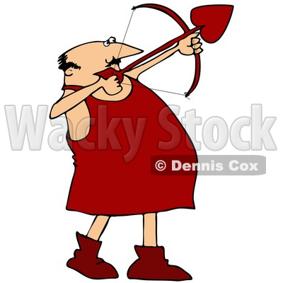 Clipart Illustration of a Chubby Male Cupid In Red Boots, Aiming A Heart 