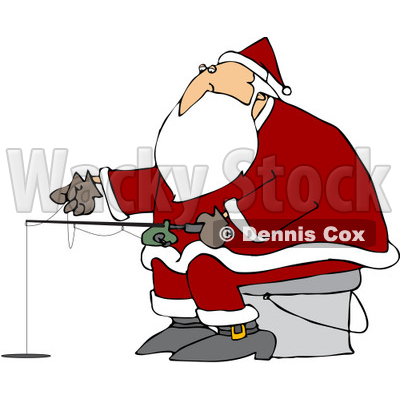 Clipart Illustration of Santa Sitting On A Pail And Ice Fishing On A Frozen Lake © djart #27229