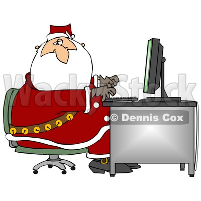 Clipart Illustration of Santa In His Suit, Typing On A Desktop Computer 