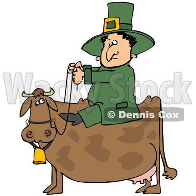 Clipart Illustration of a St Patricks Day Leprechaun In Green, Riding On A Brown Cow © djart #27318