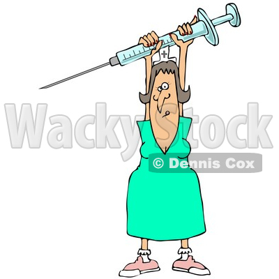 Clipart Illustration of a Female Nurse In A Green Dress, Holding A Syringe High Above Her Head © djart #27395