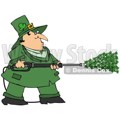 Clipart Illustration of a Chubby Leprechaun in Green, Spraying Clovers From a Power Washer on St Patricks Day © djart #28015