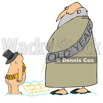 Clipart Illustration of a New Year Baby Boy Looking Up At An Old Man And  Watching