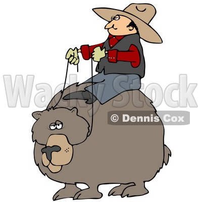 Clipart Illustration of a White Cowboy Man Riding On The Back Of A Bear, Symbolizing Control © djart #28668