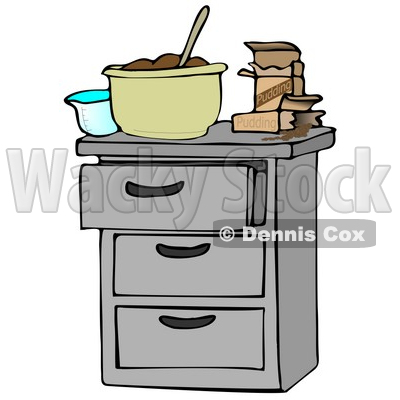 Clipart Illustration of a Measuring Cup And Pudding Boxes By A Mixing Bowl 