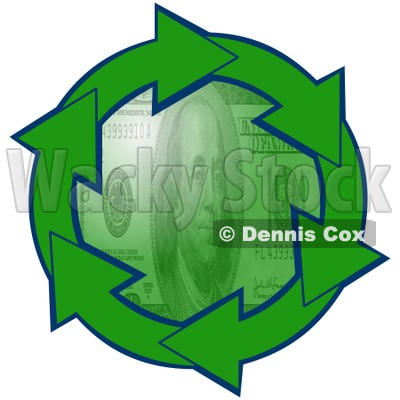 Clipart Illustration of a Circle Of Green Arrows Outlined In Blue, Around A Green 100 Dollar Bill Center © djart #28794