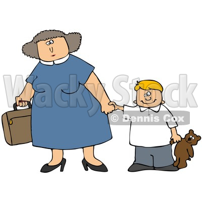 Clipart Illustration of a Mother Carrying A Suitcase And Holding Hands With Her Son That Is Carrying A Teddy Bear © djart #29932
