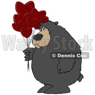 Clipart Illustration of a Big Bear Standing And Holding A Bunch Of Red Heart Shaped Valentine's Day Balloons © djart #30275