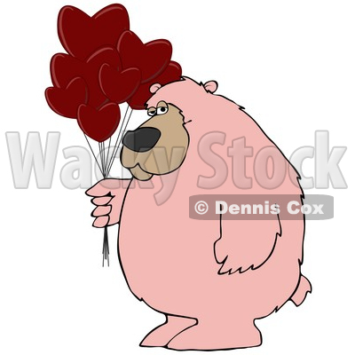 Clipart Illustration of a Big Pink Bear Standing And Holding A Bunch Of Red Heart Shaped Valentine's Day Balloons © djart #30278
