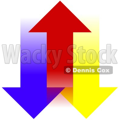 Clipart Illustration of a Red Arrow Moving Upwards, Between Blue And Yellow Arrows © djart #30279