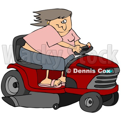 Clipart Illustration of a White Woman Having Fun, Her Hair Blowing Back In The Wind, While Racing A Red Riding Lawn Mower © djart #30803