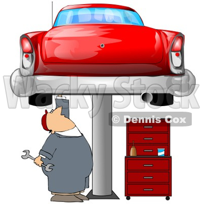 Clipart Illustration of a White Male Mechanic Holding A Wrench And Working On A Red Classic Car Up On A Lift In A Garage © djart #31524