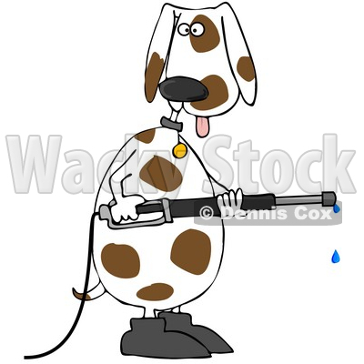 Clipart Illustration of a White And Brown Spotted Dog Wearing Boots, Standing Up On His Hind Legs And Operating A Power Washer © djart #31527