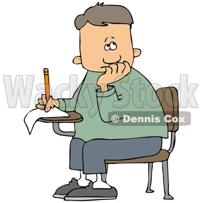 Clipart Illustration of a Nervous School Boy Seated At His Desk, Trying To Think Of The Right Answers For His Test © djart #32298