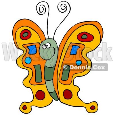 Clipart Illustration of a Colorful Orange Butterfly With A Green Body And Blue, Red And Green Designs On Its Wings © djart #32805