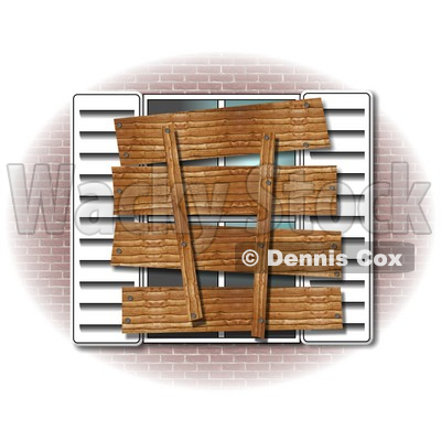Clipart Illustration of a Boarded Up Window And Shutters Of A Foreclosed Brick Home © djart #37004