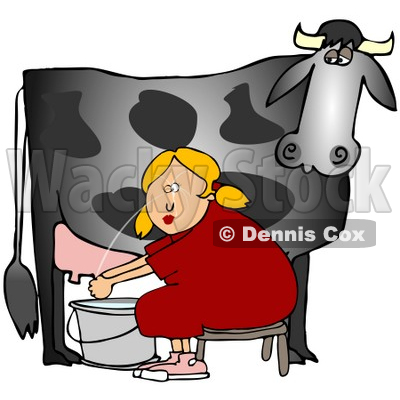 Clipart Illustration of a Blond Woman Sitting On A Bench And Getting Squirt In The Face While Milking A Black Cow © djart #37241