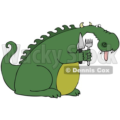 Clipart Illustration of a Starving Green Dragon Hanging His Tongue Out And Holding A Knife And Fork © djart #41061