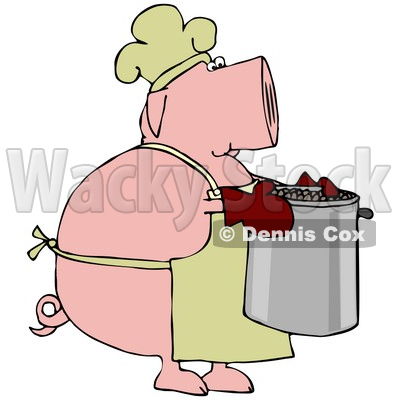 Clipart Illustration of a Pink Pig Chef In A Hat And Apron, Carrying A Pot Of Beans © djart #41827