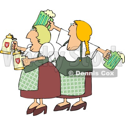 German Girls Dressed Wearing Traditional German Outfits and holding Beer Steins and Pitchers Clipart © djart #4203