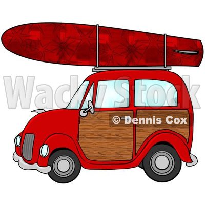 Royalty-Free (RF) Clipart Illustration of a Red Woody Car With A Red Starry Surfboard On The Roof © djart #432133