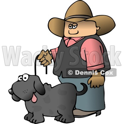 Cowboy Walking Pet Dog On a Leash Clipart by Dennis Cox