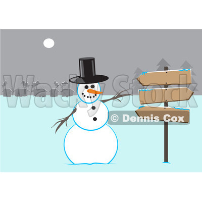 Royalty-Free (RF) Clipart Illustration of a Winter Snowman Wearing A Top Hat And Gesturing To Wooden Signs Near A Village © djart #435836