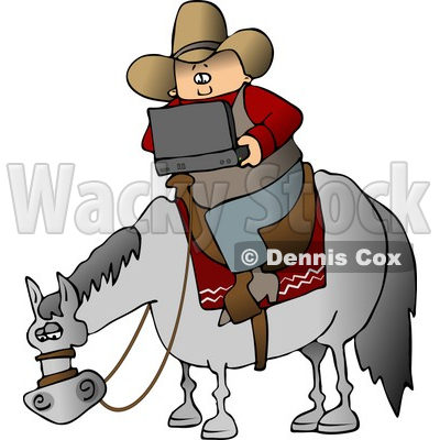 Cowboy Using a Portable, Wireless Laptop Computer While Sitting On a Saddled Horse Clipart © djart #4391