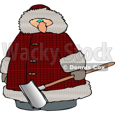 Overweight Man Wearing a Big Winter Coat and Holding a Snow Shovel Clipart