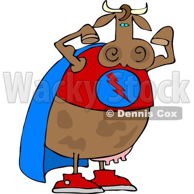 Strong Superhero Cow Wearing a Cape and Flexing Arm Muscles Clipart