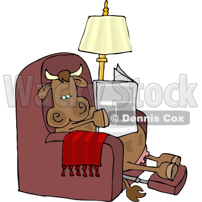 Recliner Office Chairs on Relaxed Cow Sitting On A Recliner Chair And Reading A Newspaper