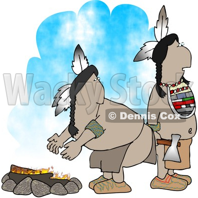 Two Native American Indians Standing Alertly Beside a Campfire Clipart © djart #4614