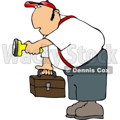 Male Worker Carrying a Toolbox and Pointing a Flashlight in the Dark Clipart © djart #4693