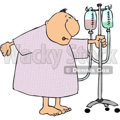 Recovering Elderly Male Patient Walking Around a Hospital with a Portable IV Drip Line Attached to Him Clipart © djart #4779
