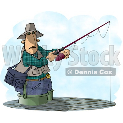 Man Fishing In a Lake with a Standard Rod and Reel Fishing Pole Clipart ©  djart #