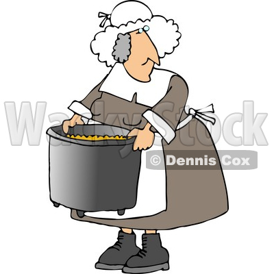Elderly Obese Pilgrim Woman Cooking with a Metal Kitchen Pot Clipart © djart #4922