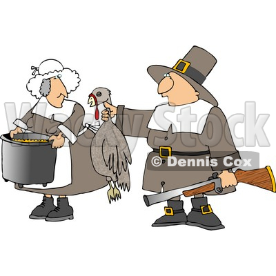 Male Pilgrim Hunter Holding up a Dead Turkey for His Wife to Cook Clipart © djart #4923